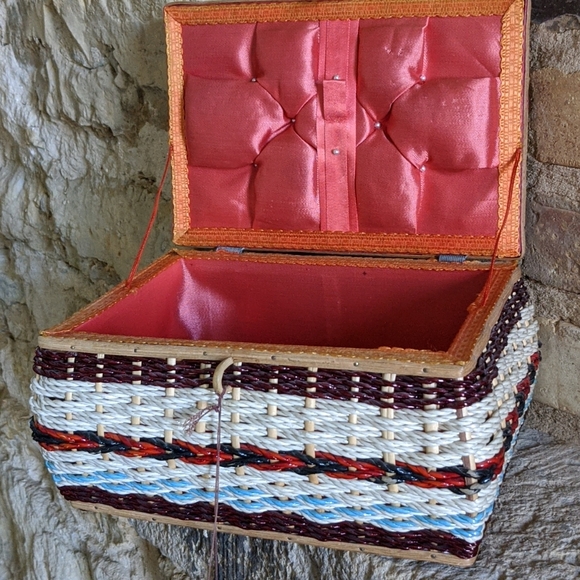 Vintage Red, Black & Turquoise Wicker and Wood Sewing Basket - Picture 14 of 16